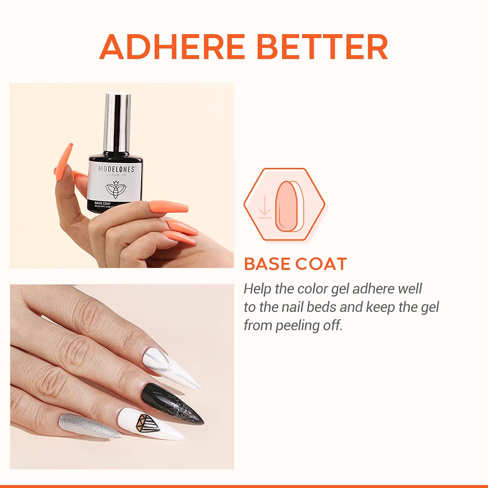 modelones Gel Nail Polish Base Coat, 2025 Upgraded Formula Clear High Glossy Gel Base coat Soak Off Long-Lasting DIY Home Salon Nail Art 15ml