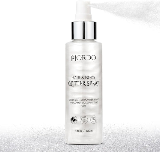 Body Glitter Spray, Silver Glitter Spray for Hair Body and Clothes, Shimmer Spray, Glitter Spray Highlighter Makeup for Festival Rave Stage Concert Party 4FL.OZ