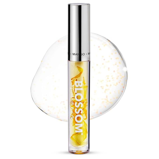 Blossom Moisturizing and Hydrating Shimmer Sparkle Lip Oil with Olive Oil + Grape Seed Oil, Infused with Real Flowers, 3g, Mango