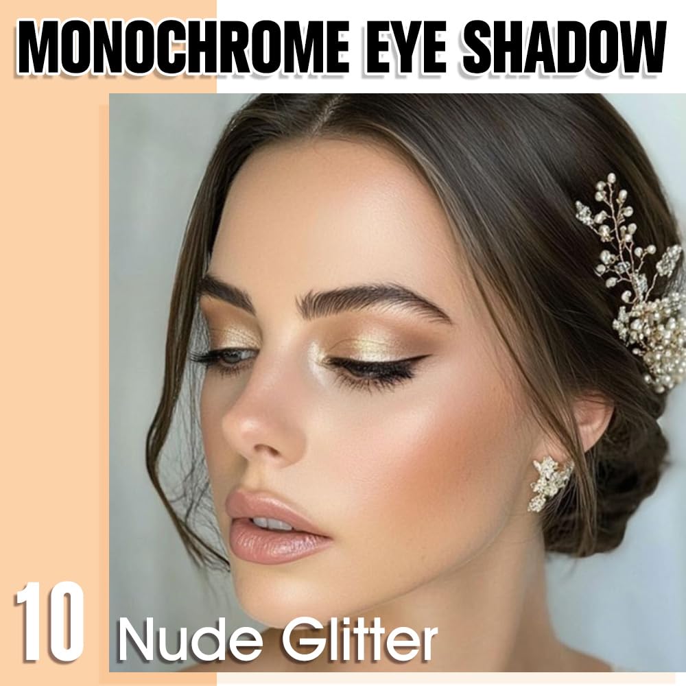 Single Glitter Shimmer Sparkle Eye shadow Palette Makeup, Nude Glitter Eyeshadow for Women, Monochrome Eye Shadow, Pigmented Waterproof Sombras Para Ojos, Vegan, Talc, Paraben & Cruelty Free, 10