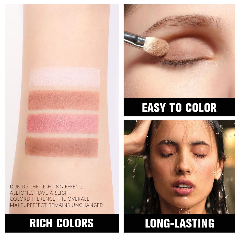 Powder Eyeshadow Quad, Rose Pink Chocolate Brown Shimmer Eye Shadow Palette Makeup, Neutral Vegan Matte Quads Eye Shadow Palette for Older Women Pigmented Waterproof, paleta de sombras de ojos