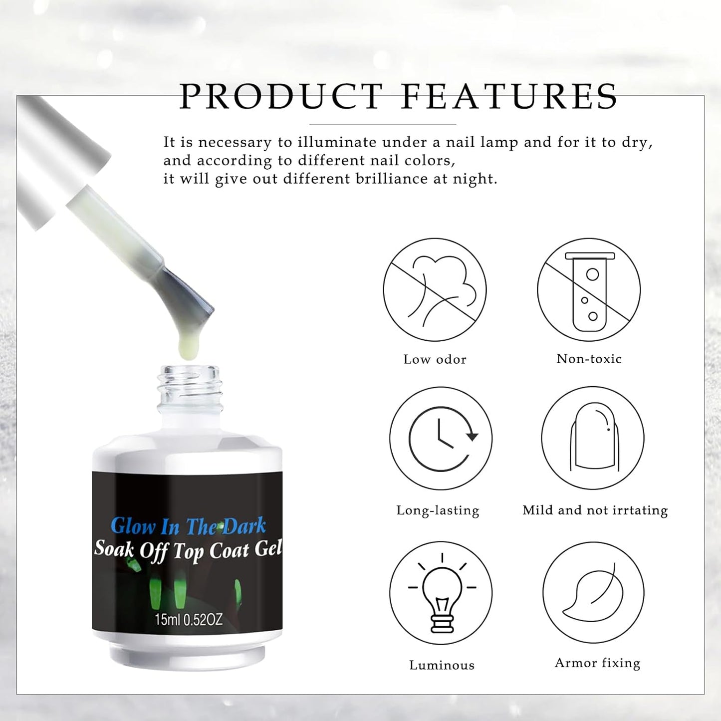 Glow In The Dark Nail Gel Top Coat, Transparent Luminous Universal Top Coat for Any Colors DIY Halloween Nail Art, UV LED Needed Long-lasting Nail Gel(15ml/0.52 fl oz)