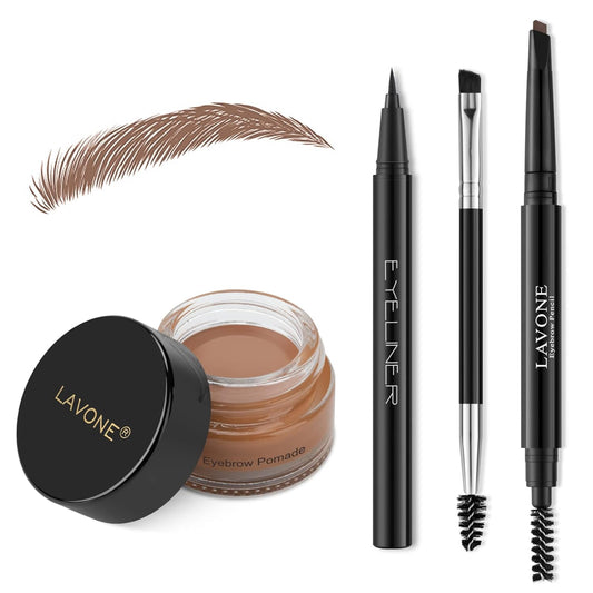 LAVONE Eyebrow Stamp Pencil Kit - Makeup Brow Stamp Trio with Waterproof Eyebrow Pencil, Eyeliner, Pomade, Dual-ended Brush - Caramel