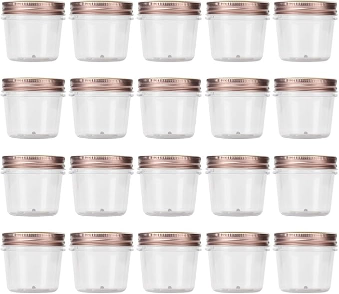 novelinks 4 oz Clear Plastic Jars with Rose Gold Lids – Small Round Refillable Storage Containers for Spices, Food, Crafts, and DIY Gifts – BPA-Free, Leakproof, 20 Pack