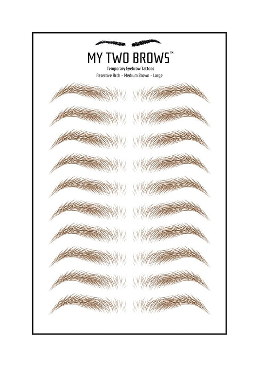 (10 pairs) Medium Brown Temporary Eyebrow Tattoo - Large Size - Waterproof & Smudgeproof - Assertive Arch Style Eyebrow Stickers - Sheet Lasts up to 30 Days - Won't Work on Existing Brows