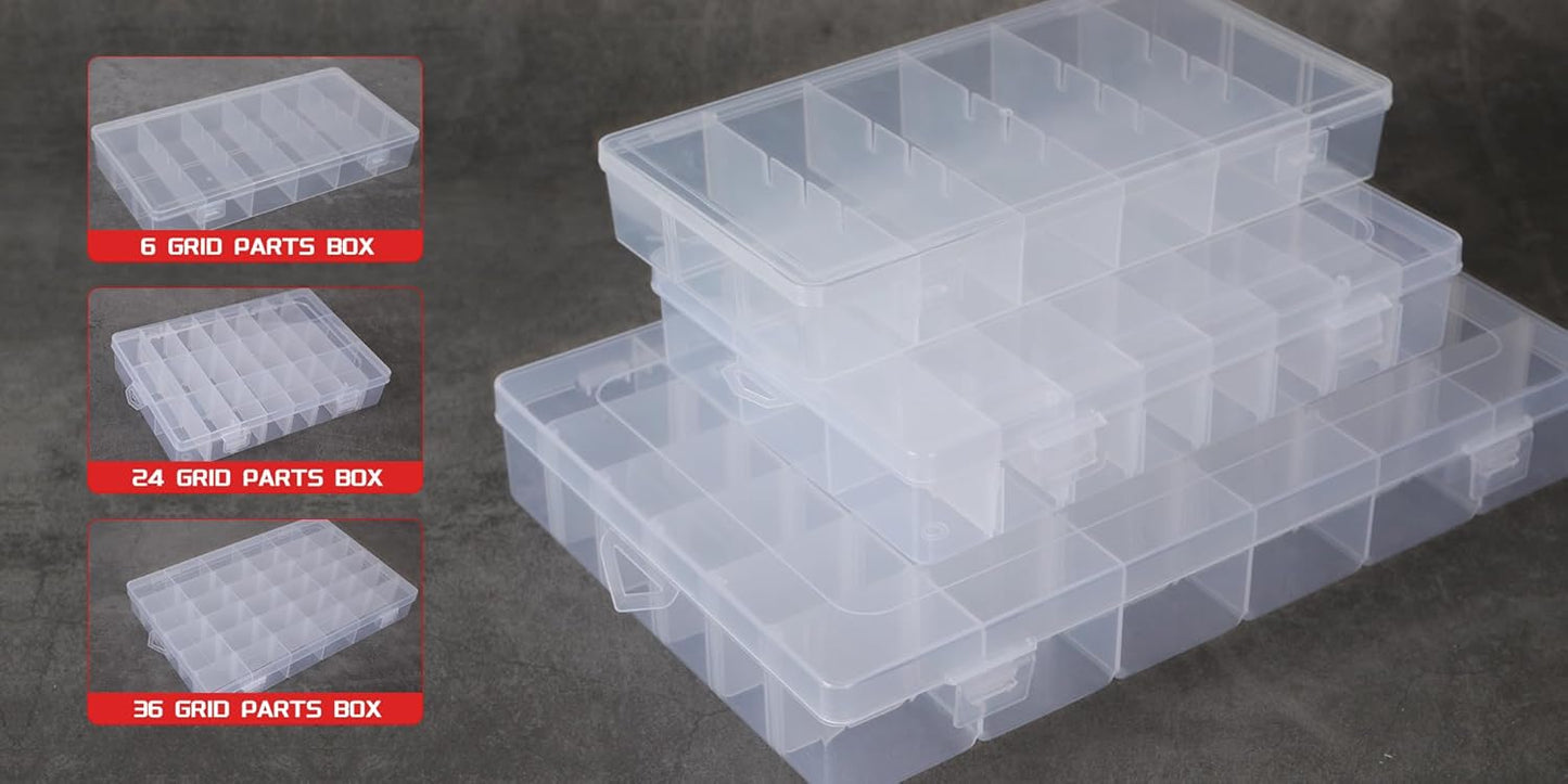 2Pcs Clear Visible Plastic Storage Box- Rectangular Storage Box, Suitable For Beads, Screws Hardware Accessories Organizer Box Art DIY, Crafts, Jewelry, Fishing Tackle, With Label Stickers (24Grids )