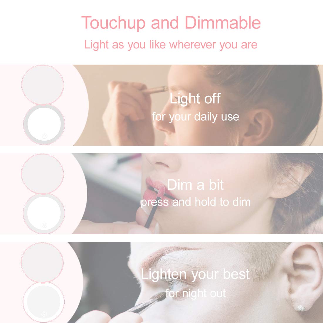 Compact Mirror with LED Light,1x/10x Magnifying Rechargeable Mirror,3.5in, Dimmable Travel Mirror for Purse,Pocket,Handheld 2-Sided Makeup Mirror