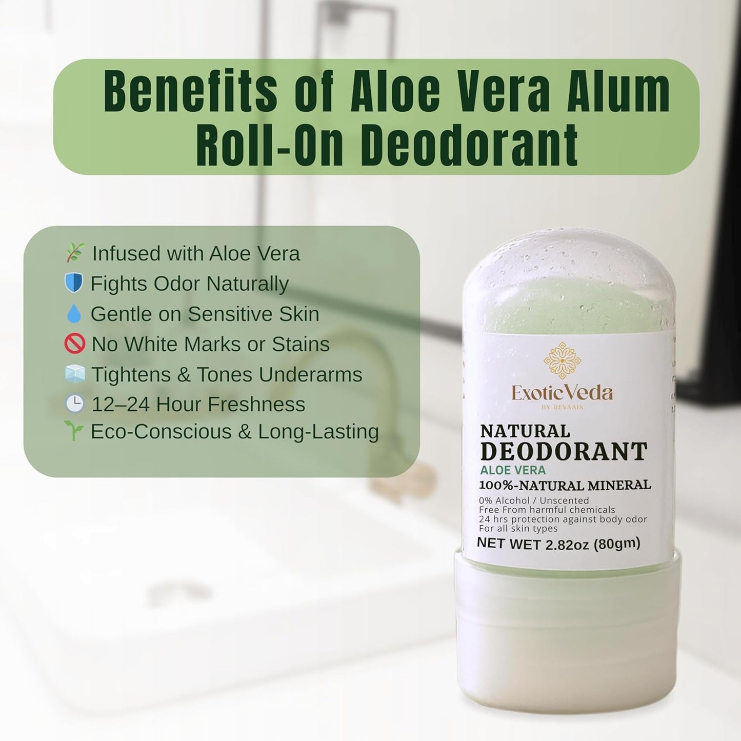 Alum Aloe Vera Deodorant Stick | 100% Natural Mineral Salt Roll-On | Alcohol & Chemical-Free | 24-Hour Odor Protection | Gentle on Sensitive Skin | Travel-Friendly, 80g (2.82 oz)