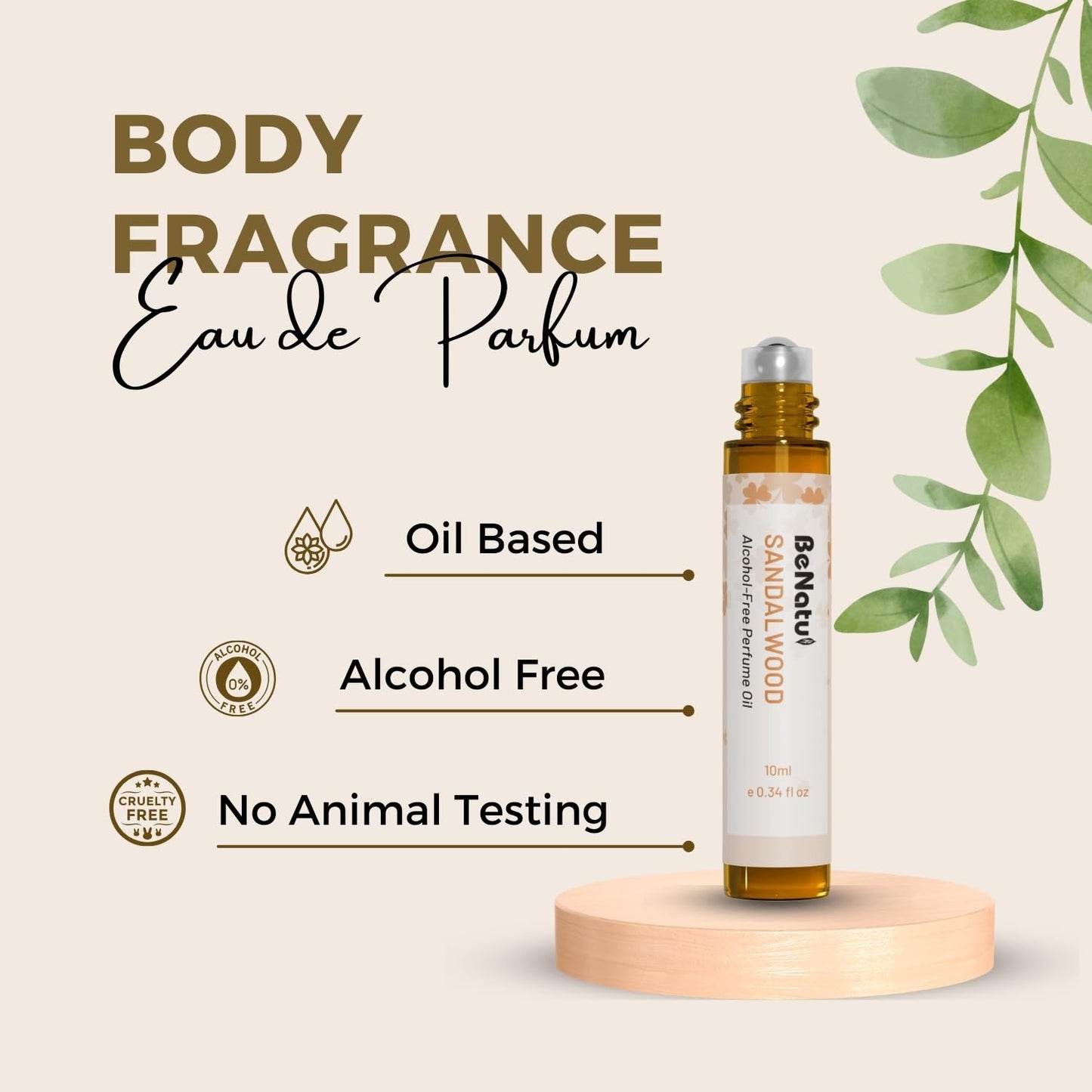 Sandalwood Perfume Oil Roll On for Women and Men, Alcohol Free Eau de Parfum,Travel Size Essential Oil Body Fragrance, Long Lasting, Leather Woody Scent, 10 ml