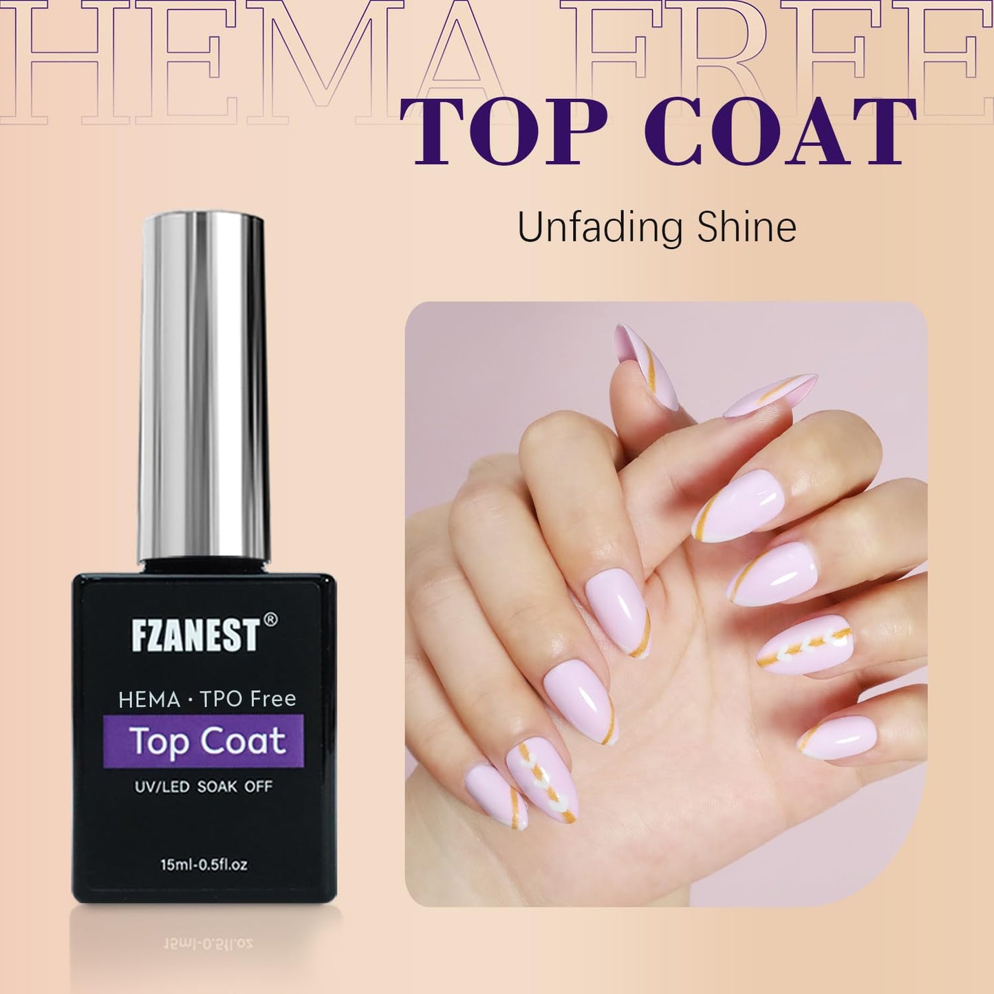 FZANEST Gel Top Coat HEMA-Free, No Wipe Top Coat Nail Polish Smooth High Shine Gel Finish Soak Off UV LED