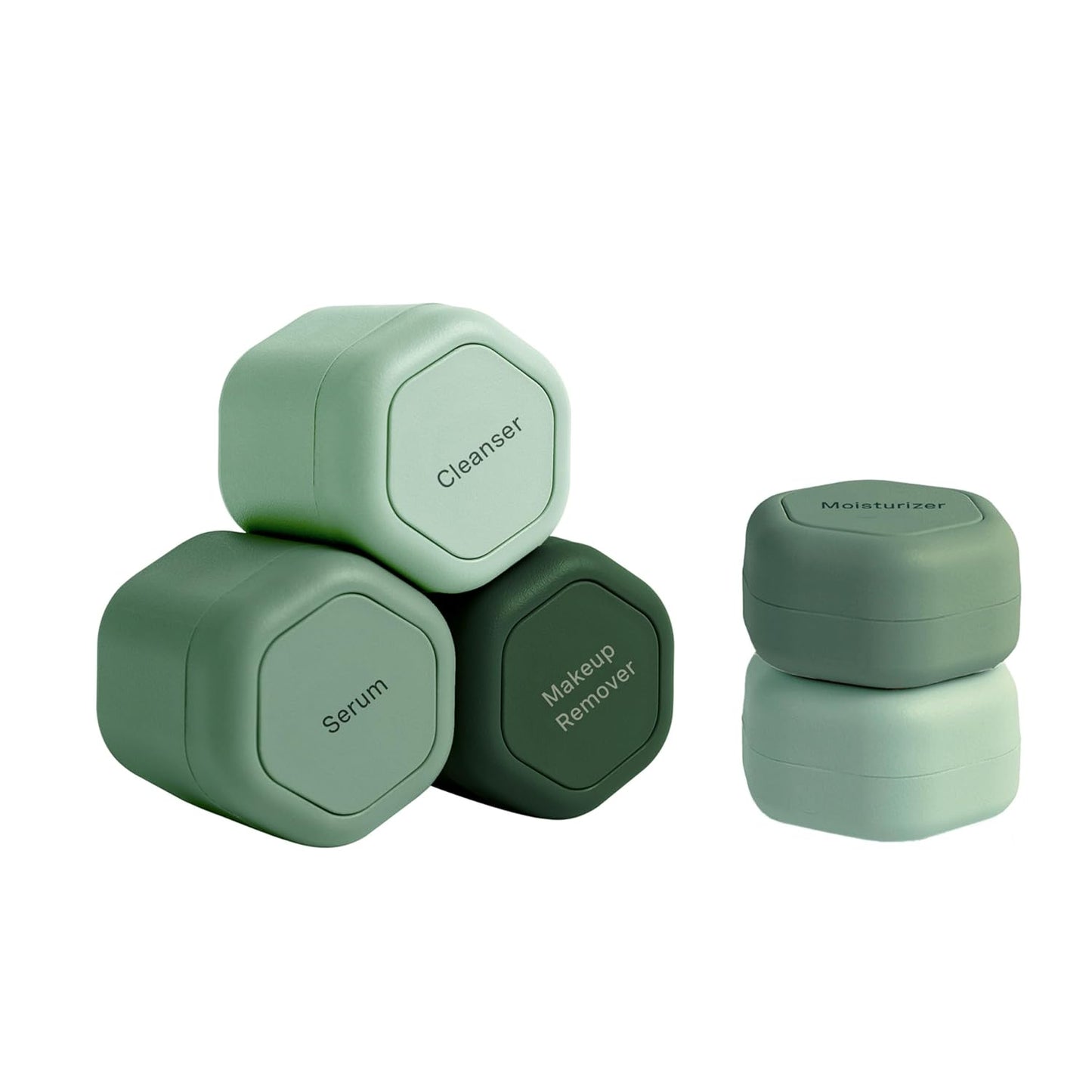 Cadence Travel Containers - Core Skincare Set - Magnetic Containers with Lids,2 Small (0.56oz) & 3 Medium (1.32oz) - Cleanser, Moisturizer, Serum, Makeup Remover & Sun Icon Labels - Evergreen