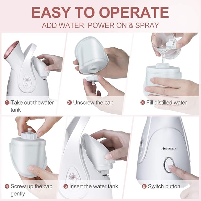 Facial Steamer, Amconsure Nano Ionic Face Steamer for Home, 100ML Warm Mist Humidifier for Women Moisturizing, Unclogs Pores-Bonus Stainless Steel Skin Kit and 2 Face Scrubbers