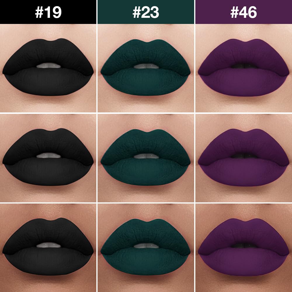 evpct 3Pcs Dark Black Green Purple Matte Lip Liner and Liquid Lipstick Lip Stain Sets for Women Long Lasting Waterproof, 24 Hours Goth Lipstick labiales matte mate larga duracion listip 24 hours, 19#