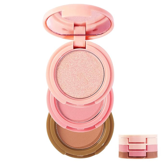 3-in-1 Blendable Trio, Contour and Highlight Blush Makeup Palette, Cream Bronzer, Silky Smooth Powder Blush, Shimmer Highlighter Makeup Powder, Pink Brown Eyeshadow Palette with Mirror(02)