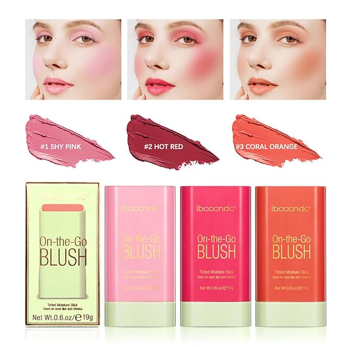 Multi-Use Makeup Blush Stick, 3-in-1 Cream Blush Stick Beauty Tinted Solid Blush Stick for Cheek/Eyes/Lips, Waterproof Moisturizer Stick, Suitable for All Skin (02# Hot Red)