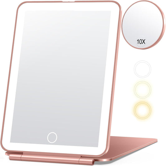 Rechargeable Travel Makeup Mirror, Vanity Mirror with 80LEDs, 3 Color Lighting, 2000mAh Battery, Portable Ultra Slim Lighted Makeup Mirror, Gift for Women (Rose Gold)