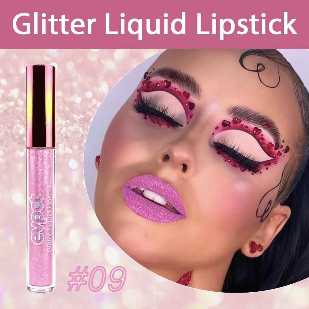 evpct 1Pcs Pink Glitter Metallic Shimmer Diamond Lipstick Lip Gloss for Women Long Lasting Waterproof, Light Bright Rose Pink Sparkle Glitter Matte Liquid Lipstick Lip Makeup Kit, 09#
