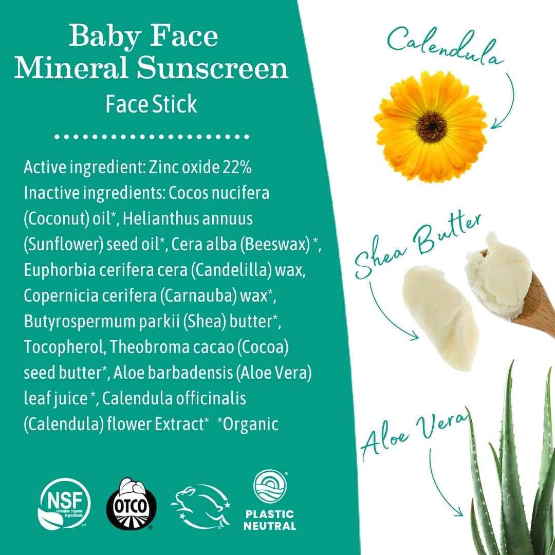 Earth Mama Baby Face Mineral Sunscreen Stick SPF 40 | Non-Nano Zinc, Contains Organic Cocoa Butter & Aloe | Babies, Kids & Family 0.74-Ounce