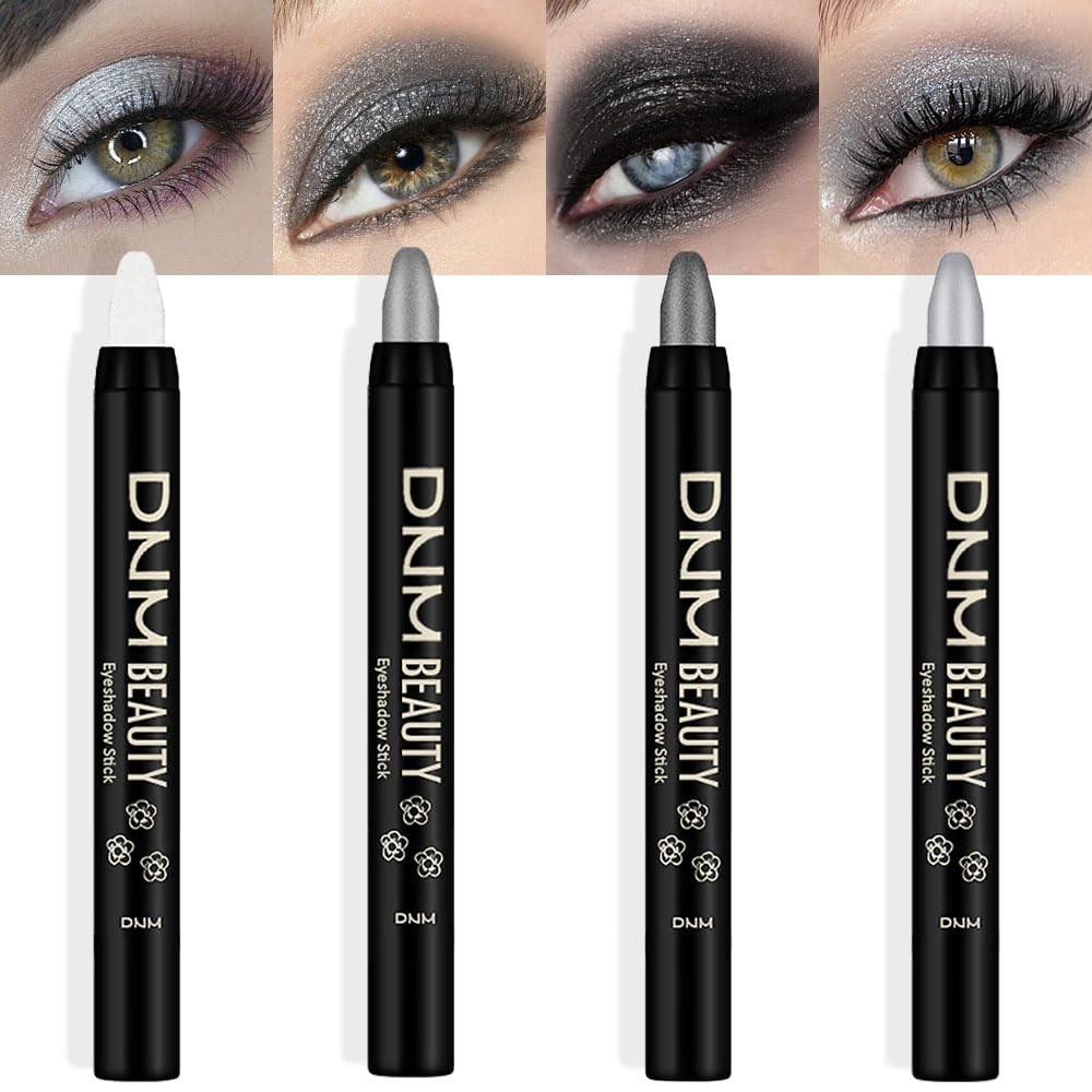 evpct 4Pcs White Black Grey Silver Cream Eyeshadow Pencil Bulk Stick Set, Waterproof Pearl white Dazzling grey Pearl black Silver Shimmer Metallic Eye shadow Crayon Stick sombras en crema para ojos