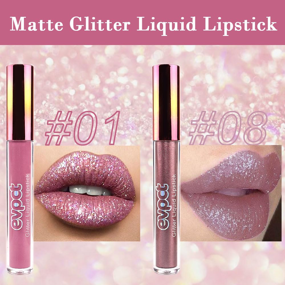 evpct 2Pcs Mauve & Taupe Mauve Glitter Metallic Shimmer Diamond Lipstick Lip Gloss Stain Set for Women Long Lasting Waterproof, Purple Sparkle Glitter Matte long Wear Liquid Lipstick Lip Makeup Kit