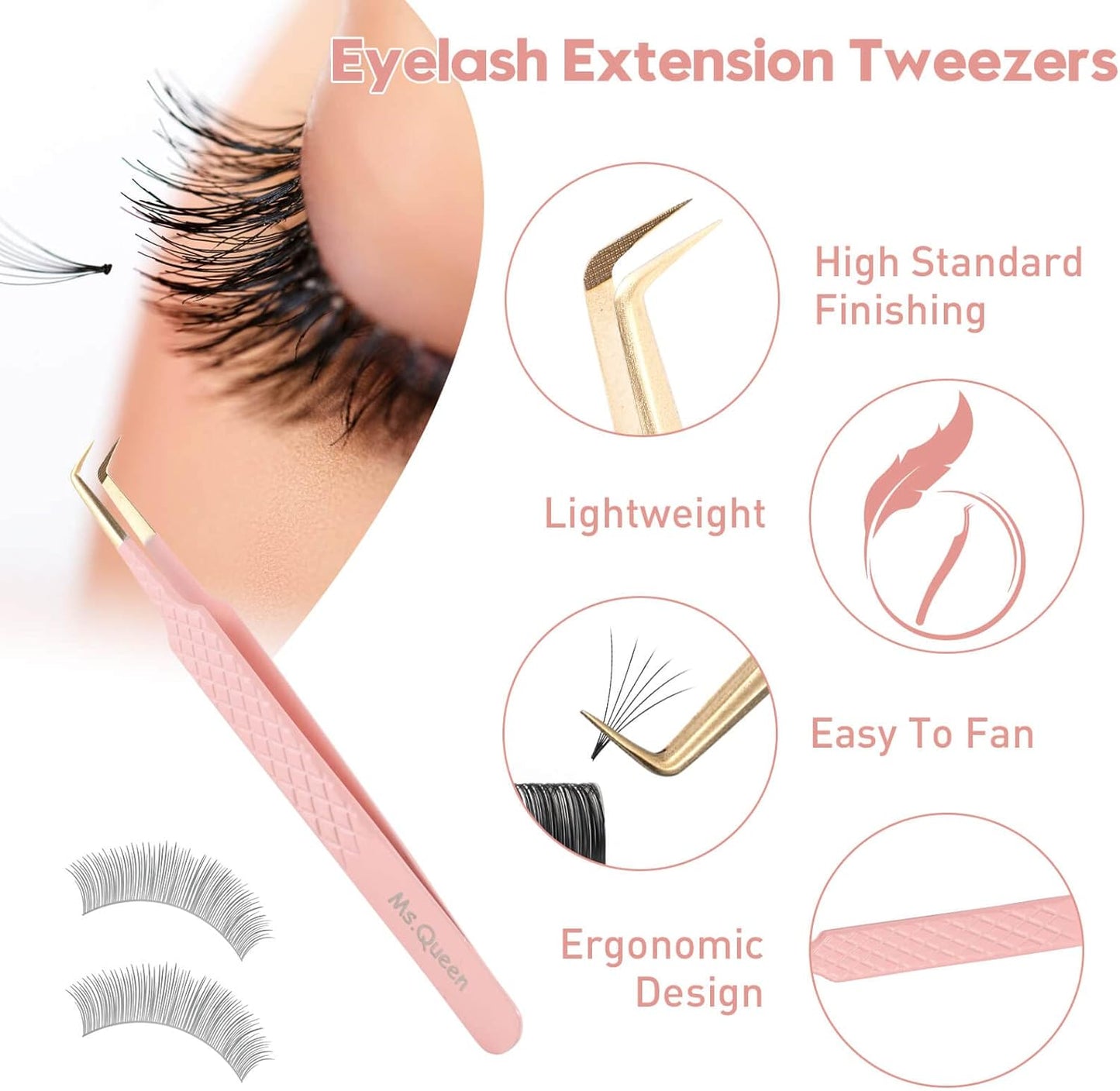 Ms.Queen 90 Degree Lash Tweezers for Eyelash Extensions, Precision Fiber Tip Grip Mega Volume Lash Tweezers