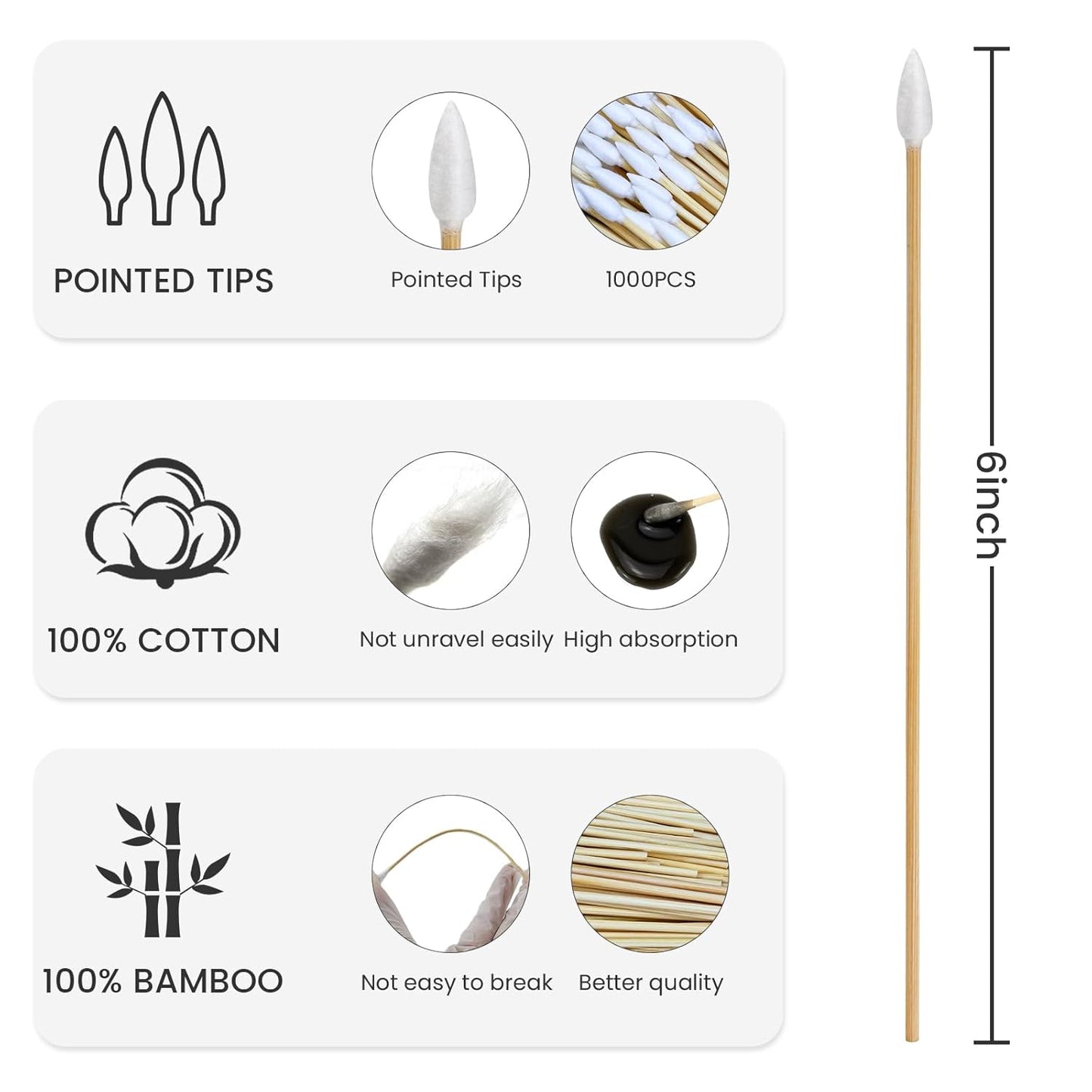 200 PCS 6-Inch Precision Gun Cleaning Swabs - Lint-Free Bamboo-Handle Cotton Swabs for Gun Cleaning, Makeup & Electronics