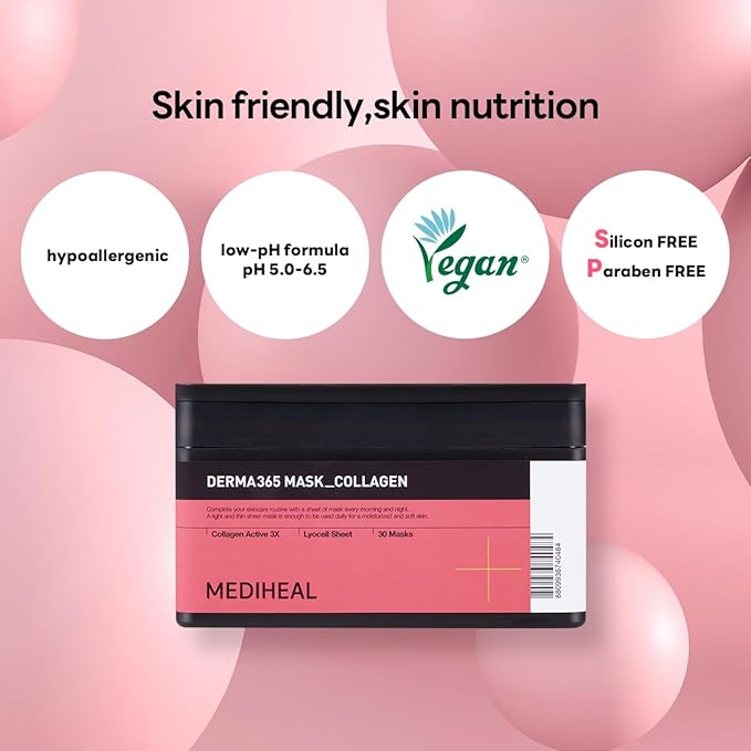 Mediheal Derma 365 Collagen Mask (30 Masks) - Daily Skin Care Mask for Firm Moisturizing to Lift Skin with Collagen Active 3X