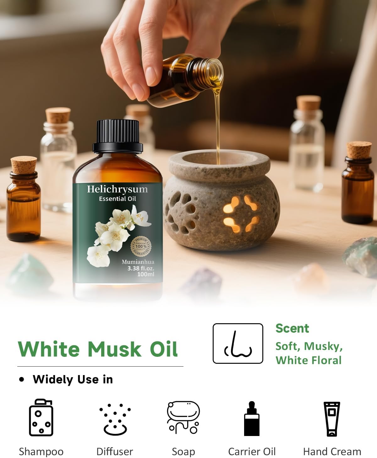 Mumianhua White Musk Oil 100% Pure- Therapeutic Grade Aromatherapy White Musk Essential Oil for Diffuser, Skin & Body Care, Women & Men, Natural Perfume & Candle Making 3.38 Fl Oz