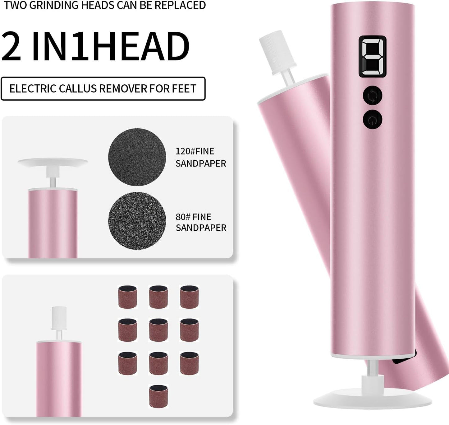 Powerful Electric Foot File & Callus Remover - Over 1-Hour Continuous Use, 360° Rotating Grinder, Foot Drill & Sander, 1200mAh Rechargeable Cordless Pedicure Tool,Foot Grinder(Pink+White)