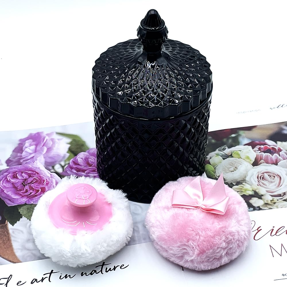 Luxury 4.2 Inch Glass Powder Container with 2 Plush Puffs｜Gothic Vanity Decor Non-Sealed Refillable Organizer for Body Powder&Makeup｜Setting Powder Applicator(Pointed Cylinder-Black-Large)