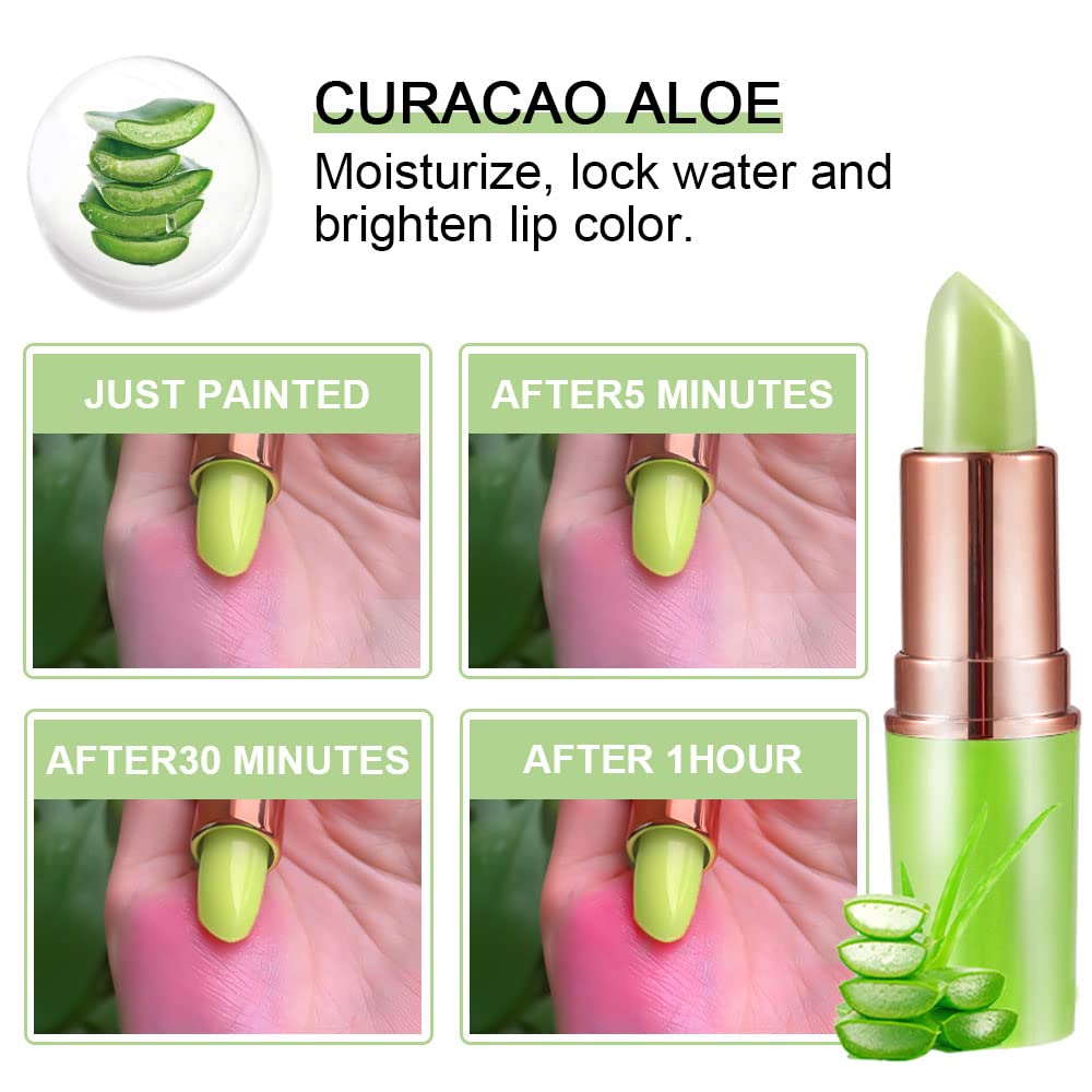 2Pcs Aloe Vera Lip Color Changing Lipstick Lip Balm Set, Green Magic PH Lipstick Color Change Changing Crystal Flower Jelly Lipstick Tinted Lip Balm Gloss Stain Makeup Set for Women Girls Waterproof