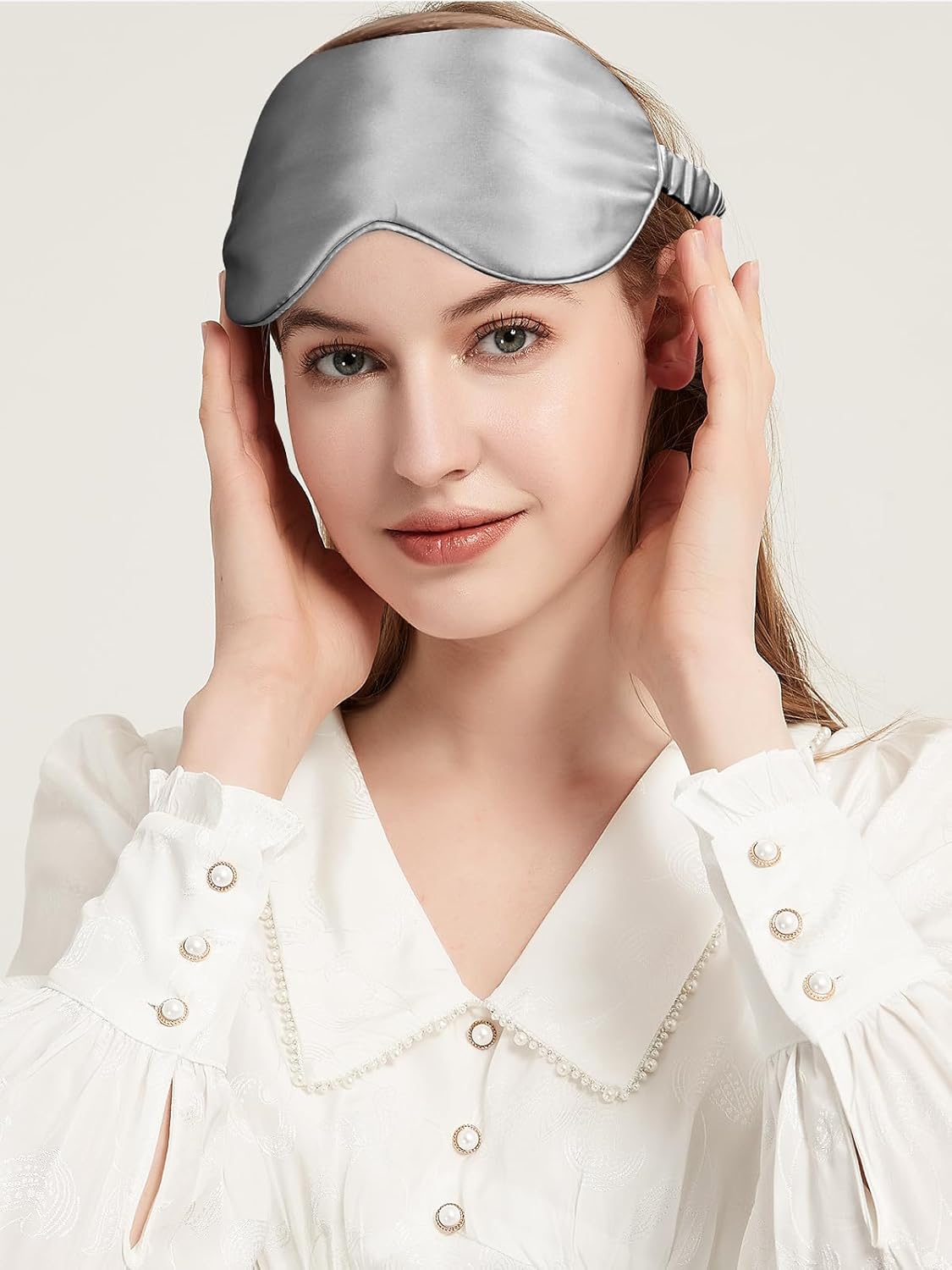100% Mulberry Silk Eye Mask for Sleeping with Silk Wrapped Adjustable Strap,Silver Gray