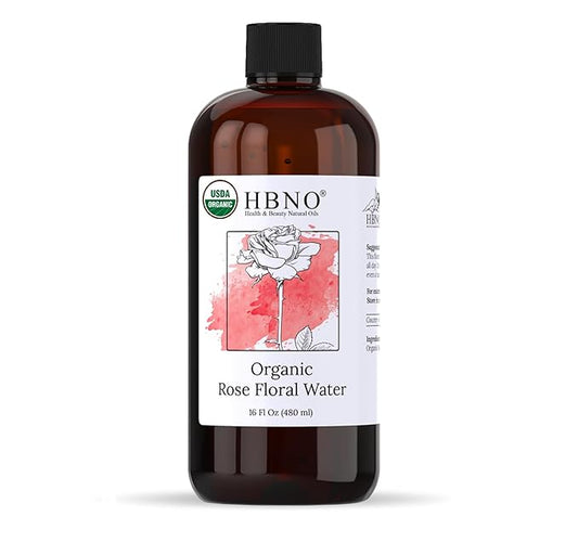 HBNO California Bottled Organic Rose Water for Face Huge 16 fl oz (480ml) Value Size - USDA Certified for Face - Pure Rose Water for Hair - Rosewater for Skincare, Haircare