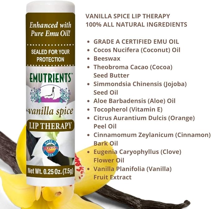 Montana Emu Ranch - Lip Therapy Lip Balm - 0.25 Ounce - Vanilla Spice Flavor - 3 Pack - Made with Pure Emu Oil