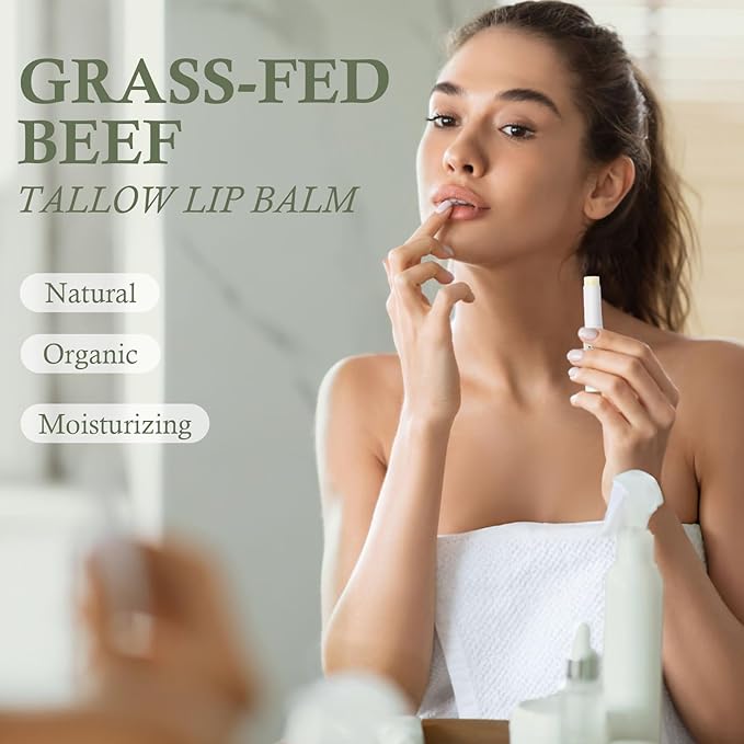 Tallow Lip Balm, Natural Lip Balm, Beef Tallow for Skin, Tallow Balm, All Natural Unscented 100% Grass Finished Beef Tallow Chapstick Organic Moisturizing Hydrates Dry Lips Moisturizer for Lip Care