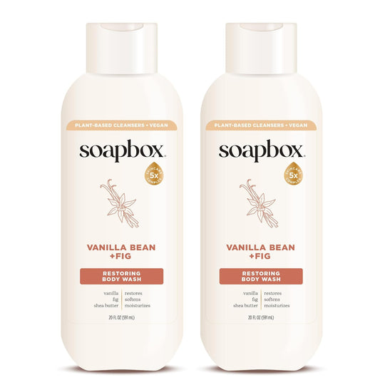 Soapbox Body Wash, Vanilla Bean & Fig Liquid Body Wash, Moisturizing Soap with Shea Butter, Vegan Duo Pack of 2 Soap Bottles, 20oz Each