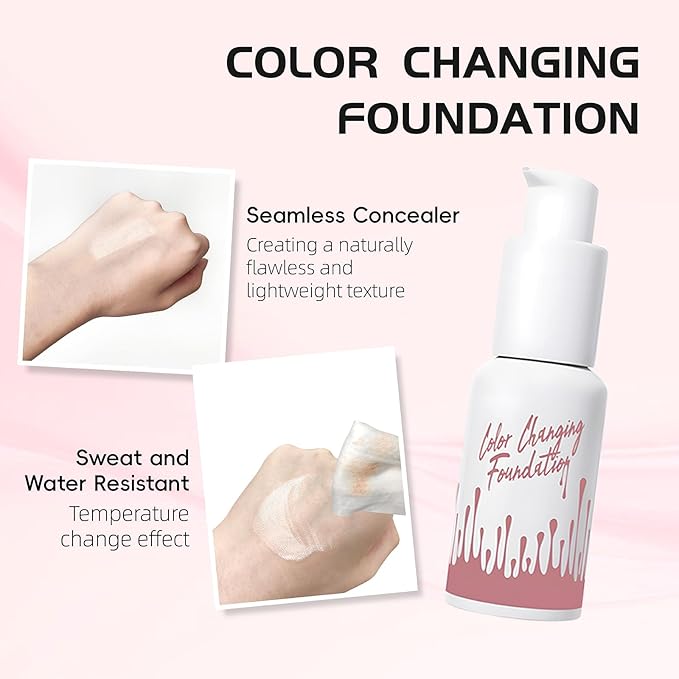 Color Changing Foundation Liquid, Skintone Matching Foundation, Full Coverage, Long Lasting, Lightweight Coverage, Oil Free and Silicon Free, Double Wear, Lightening, Sweat and Water Resistant