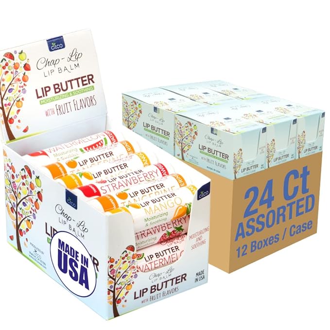 CHAP-LIP Original Lip Balm Hydrating Bulk Chap Stick with Fruit Flavors, Coconut Oil, and Cocoa Butter - Lip Therapy Pack for Men and Women - Gift Set Made in the USA, 24 Pack x 12 Box