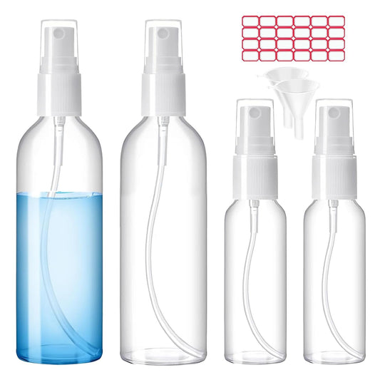 Spray Bottles, 2oz/50ml, 3.4oz/100ml Clear Empty Fine Mist Plastic Mini Travel Bottle Set, Small Refillable Liquid Containers with 2pcs Funnels and 24pcs Labels (4 Pack)