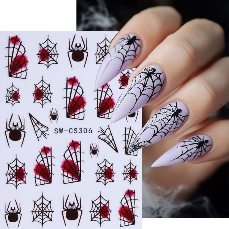 Halloween Nails Stickers Black Spider Nails Sticker 3D Embossed Black Web with Blood Self Adhesive Sticker Nail Decals Red Black Nail Art Decal Halloween Decals for Nail DIY Manicure 4Sheet