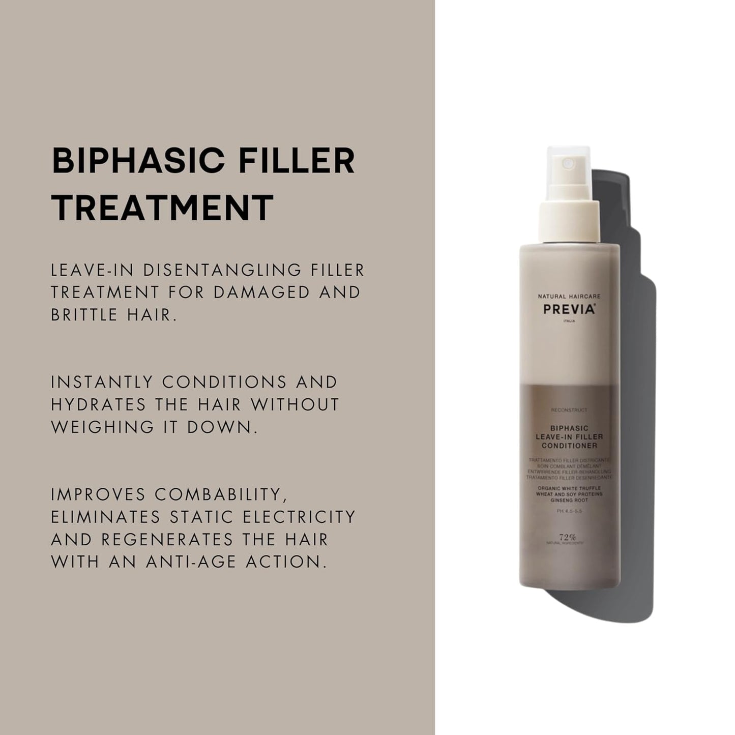 PREVIA Hydrating Leave-in Conditioner Spray with White Truffle Extract - Reconstructive Biphasic Detangling Treatment for Damaged, Dry, and Brittle Hair - Tames Frizz & Controls Static 3.3 Floz