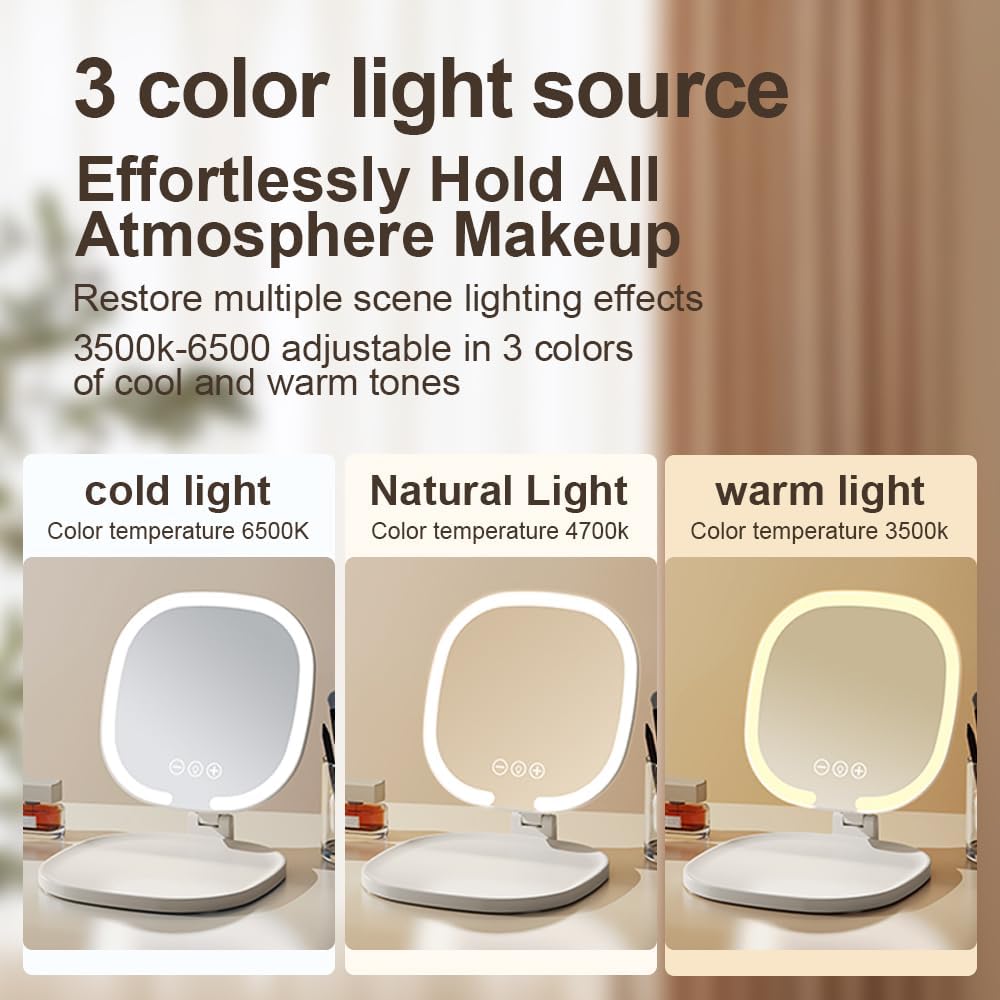 Rechargeable LED Travel Makeup Mirror, 3-Color Lighting, Dimmable Touch Screen, Multi Angle Adjustable, Foldable and Portable Desktop Vanity Mirror with Storage Tray(Pink)