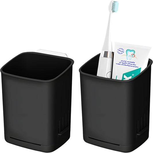 2 Packs Wall Mounted Toothbrush Holders, Self Adhesive Bathroom Toothbrush Wall Holder for Electric Toothbrush, Toothpaste, Razor,Shower Item (Black