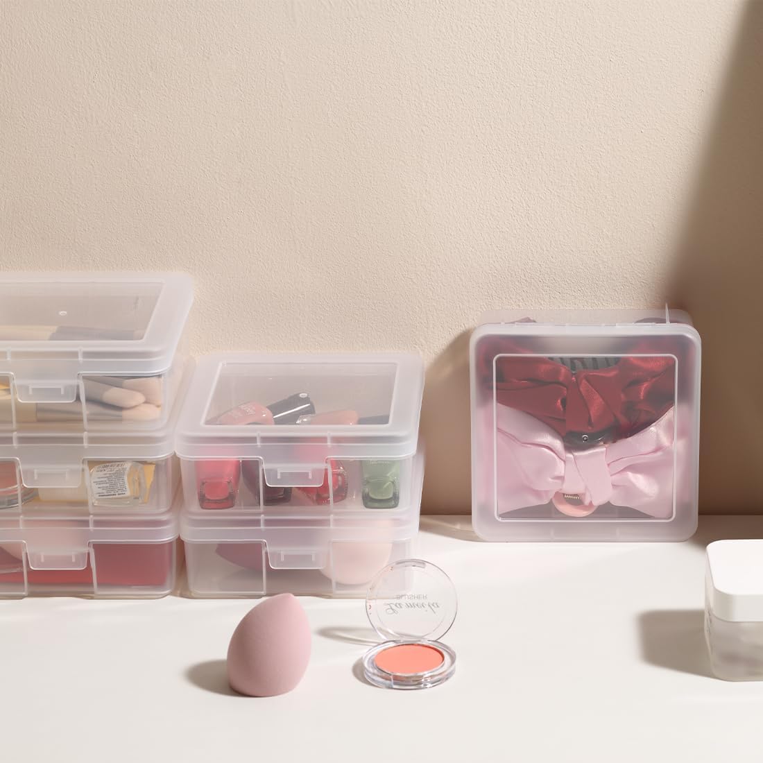 12 Pack Storage Containers with Latching Lid 5" x 5"x 1.9" Small Plastic Clear Stackable Boxes for Office and Beauty