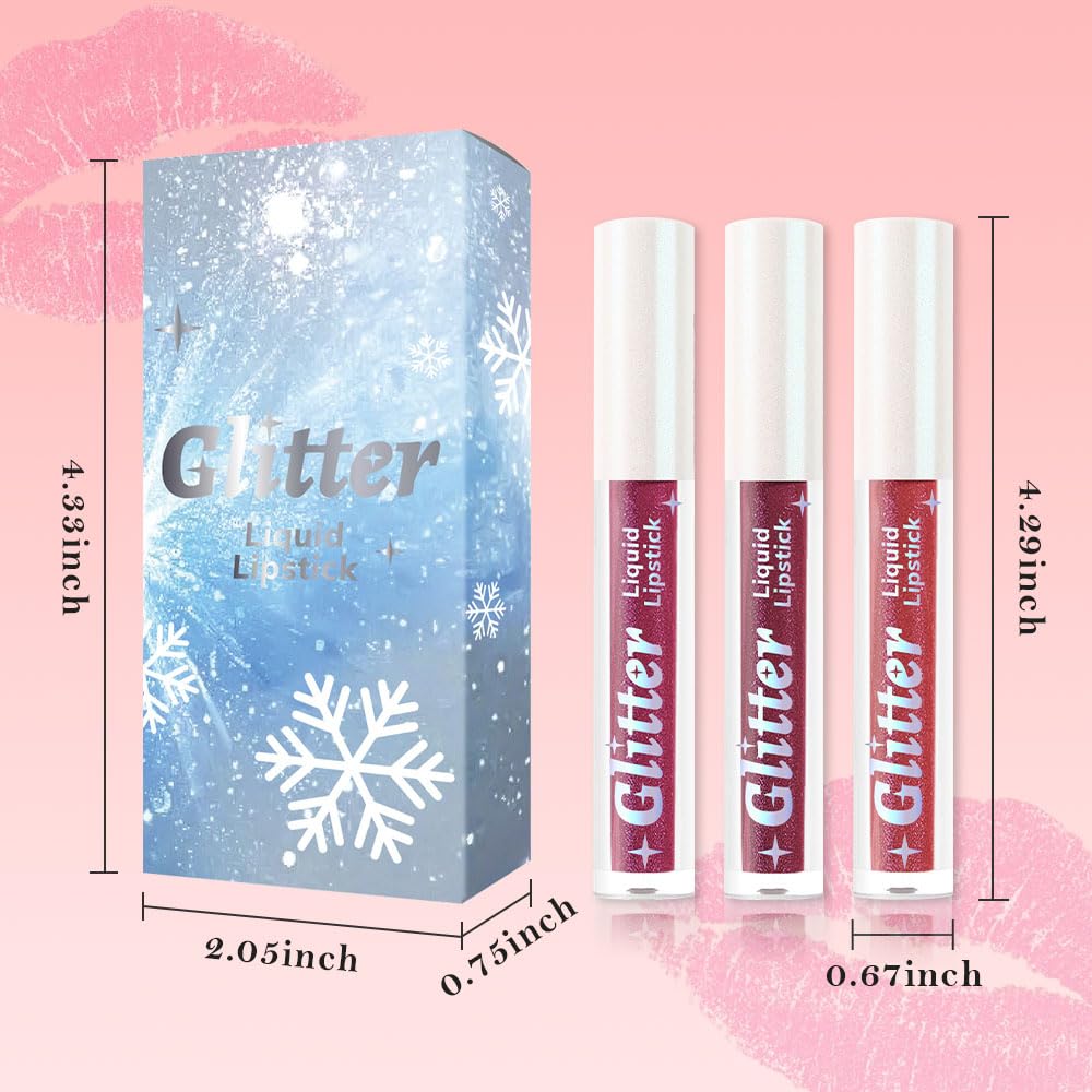 3Pcs Metallic Lipstick for Women,Lightweight Glitter Sparkling Liquid Lipsticks,Shimmer Lip Gloss Stain Long Lasting Waterproof Smudge Proof Non-Drying 24 Hour Full Coverage Lip Makeup,Vegan