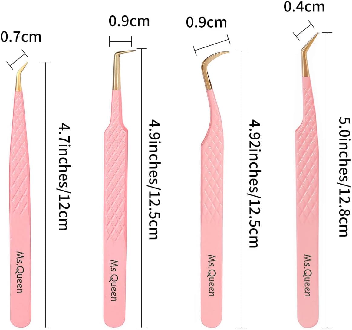 Ms.Queen Lash Tweezers Set,Professional 4Pcs 45 90 Degree Curved and Isolation Lash Tweezers for Eyelash Extensions