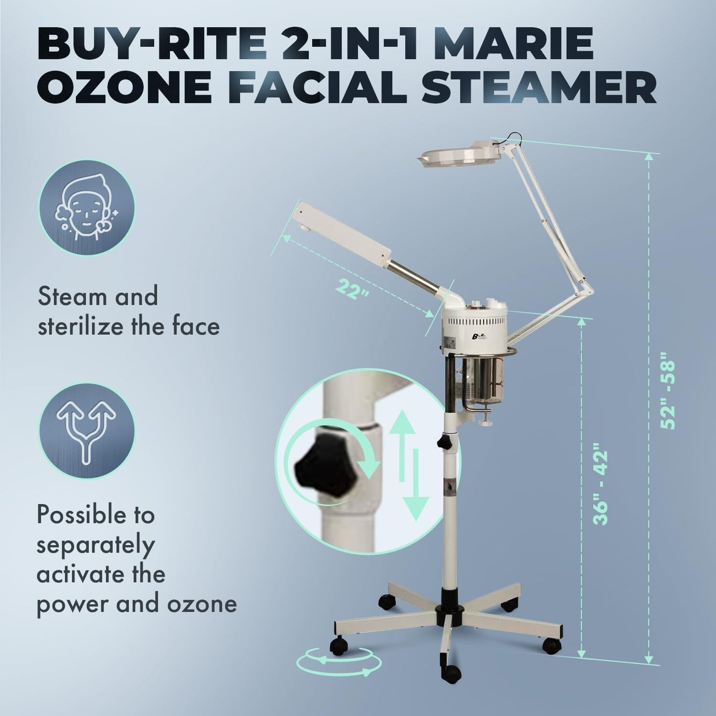 Buy-Rite 2-in-1 Marie Ozone Facial Steamer, 5 Diopter Magnifying Lamp, Fully Adjustable Height, 360' Swivel, Timer and Automatic Shut-Off, Large Star Base with Wheels, MEI-2001A