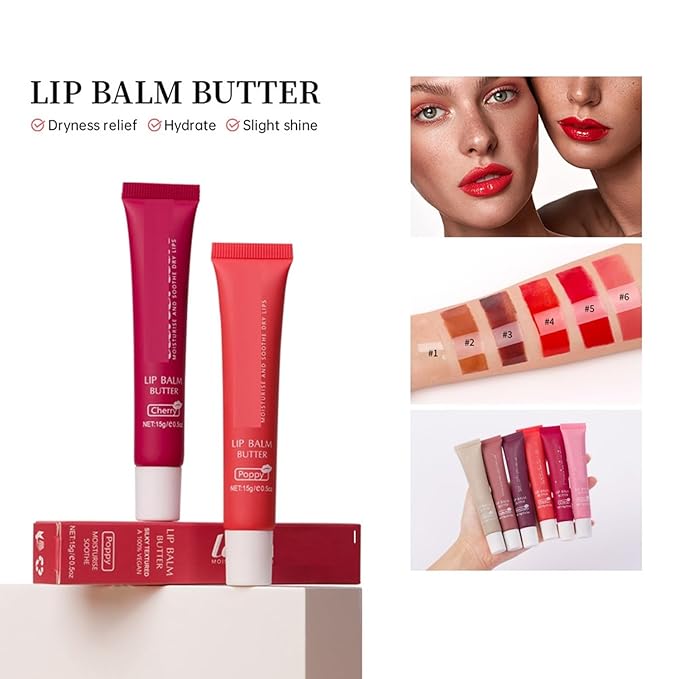 6 Color Hydrating Lip Butter Balm, Moisturizing Lip Repair, Lightweight Nourished Lip Glossy Christmas for Women (04 Poppy)