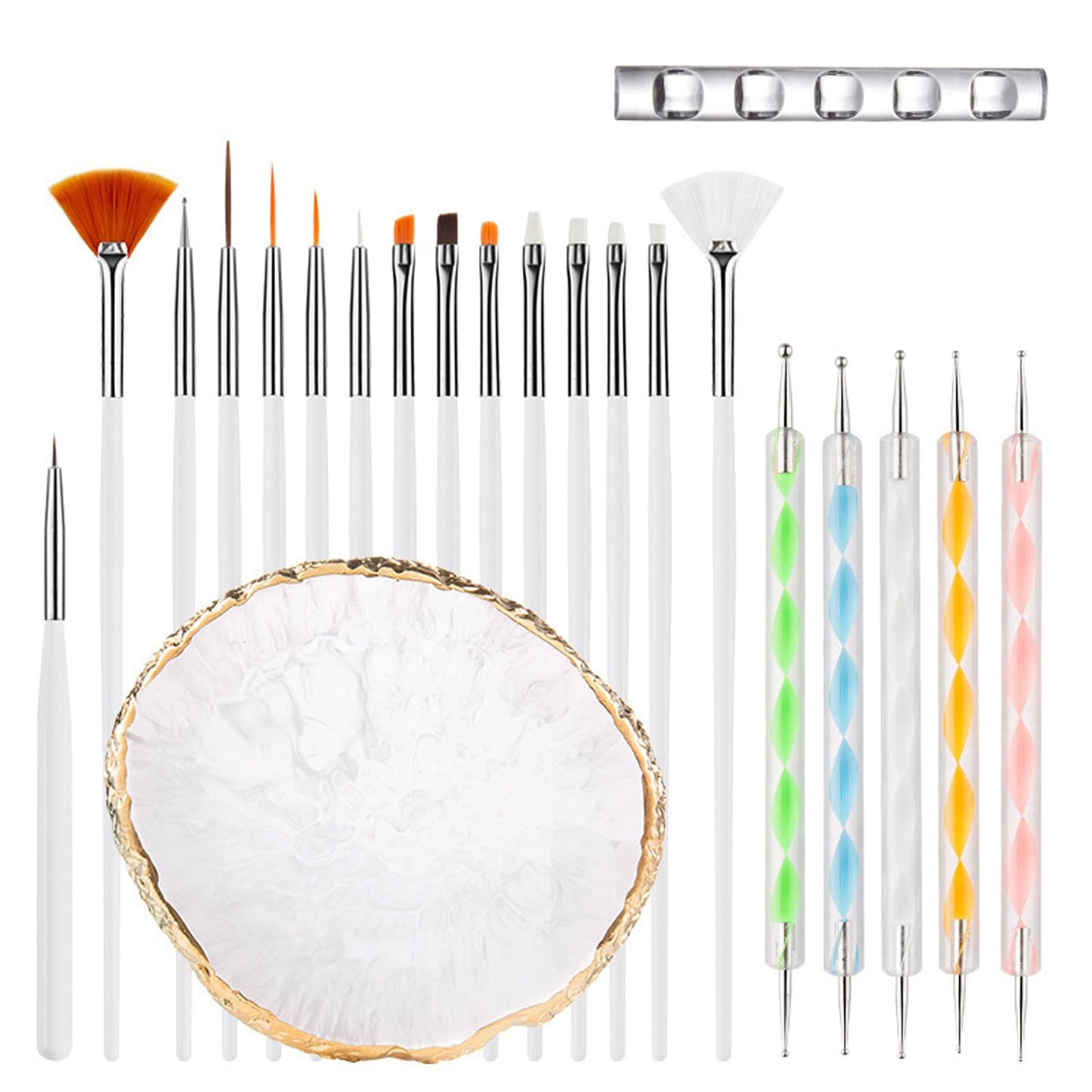 Nail Art Brush 22 Piece Set, 2 Way Acrylic Silicone Engraving Pen Dotting Pen Tools Nail Art Kit, Resin Nail Art Palette, For Nail Art DIY Home Salon Makeup Display Board (White)