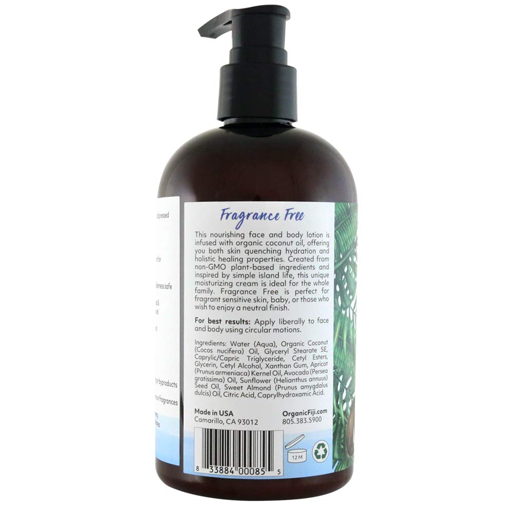 Coco Fiji Face & Body Lotion Infused With Coconut Oil | Lotion for Dry Skin | Moisturizer Face Cream & Massage Lotion for Women & Men | Fragrance Free 12 oz, Pack of 3